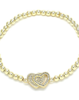Rolled Gold Fancy Bracelet, Gold Filled Expandable Bead and Heart Design, with White Cubic Zirconia