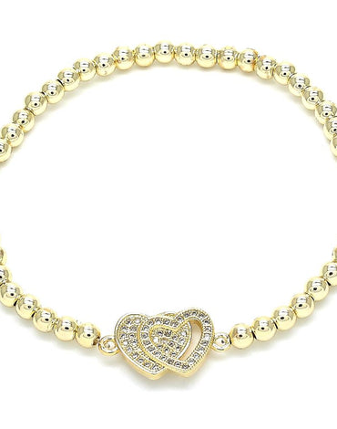 Rolled Gold Fancy Bracelet, Gold Filled Expandable Bead and Heart Design, with White Cubic Zirconia