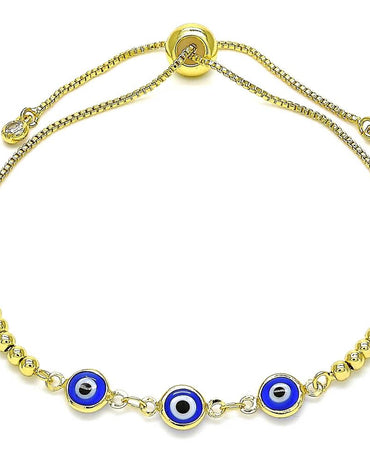 Rolled Gold Adjustable Bolo Bracelet, Evil Eye and Ball Design, with White Cubic Zirconia